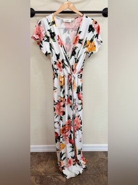 Minette White Pink V-Neck Short Sleeve Floral Wrap Maxi Dress Boho size Large